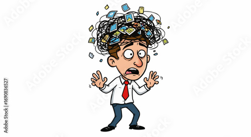 Stressed Man with Overloaded Mind and Chaotic Thoughts Cartoon