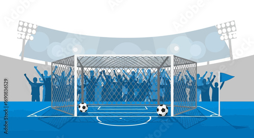 Vector Illustration of a Soccer Goal with Cheering Crowd and Stadium Background