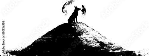 Grunge black and white jackal on pyramid with moon illustration for urban art design