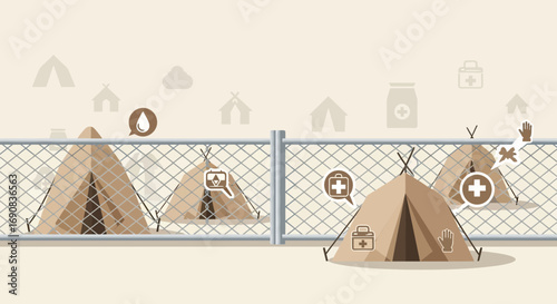 Vector illustration of medical camp tents with medical symbols and equipment offering emergency