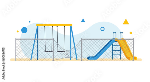 Vibrant and playful vector illustration of a fenced children's playground with swings and a slide