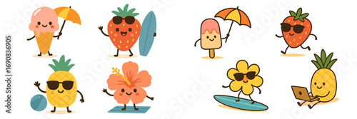 Set of cute kawaii summer characters including strawberry, pineapple, ice cream, and flower enjoying beach vacation activities