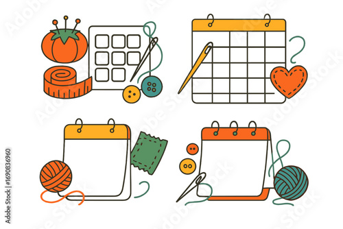 Set of sewing and knitting hobby planner templates with calendar, needle, thread, yarn, and buttons for creative scheduling