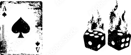 Grunge black and white joker card and flaming dice design for game night poster