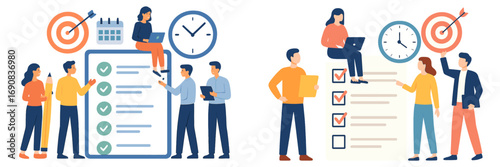 Corporate team collaborating on project management, organizing tasks on a to-do list, setting goals with a target, and managing time effectively