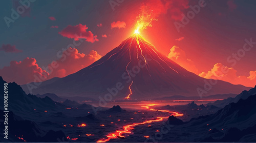 A volcano erupts, spewing lava and ash into the sky, with a river of lava flowing down its side.
