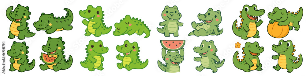 Fototapeta premium A collection of cute cartoon alligator characters and funny baby crocodiles in various poses, including sleeping, playing, and eating watermelon