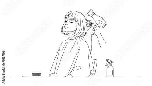 An artistic line drawing of a stylized female mannequin with a vintage dress and flowing hair standing on a simple stage with a small object nearby