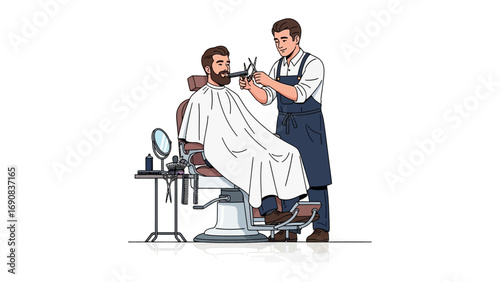 Skilled barber meticulously trims a bearded man s hair and beard with scissors and comb in a classic barber chair