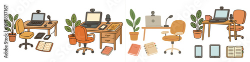 Set of home office workspace furniture and equipment for remote work, including desk, chair, laptop, webcam, and microphone
