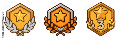 Set of game achievement badges with star and laurel wreath icons for ranking and level up rewards in gold, silver, and bronze