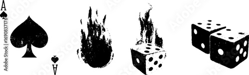 Grunge black and white joker illustration set with playing cards and dice for creative design