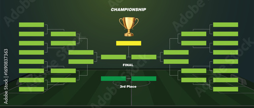 Football layout tournament championship contest stage bracket board with gold champion trophy prize icon in green background