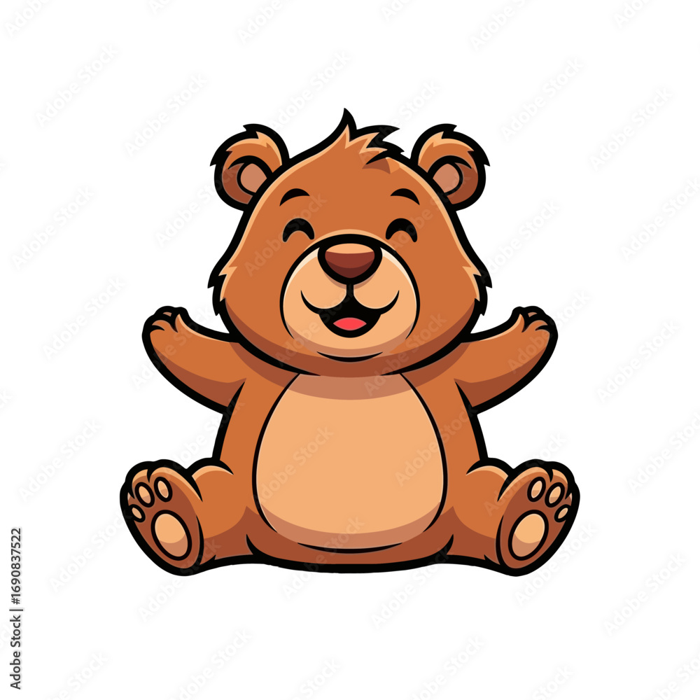 Fototapeta premium Cute Cartoon Bear Character Sitting and Smiling on white Background