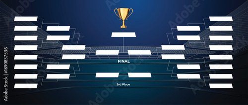 Modern Football layout tournament championship contest stage bracket board with gold champion trophy prize icon in blue background