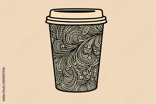 Coffee to go paper cup with decorative floral doodle pattern illustration in black and beige vector design