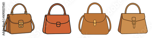 Collection of four classic brown leather women's handbags in various styles isolated on a white background for fashion and accessory concepts