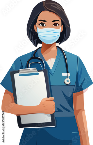 A healthcare professional wearing a medical mask and scrubs, holding a clipboard and stethoscope, ready to assist.