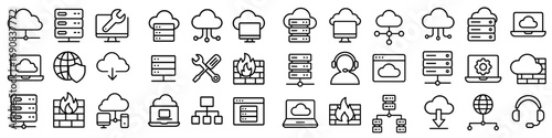 Cloud computing and server hosting line icon set for technology, data security, network administration, and web services concepts
