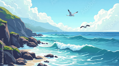 Serene coastal scene with crashing waves, rocky shore, and seagulls in flight under a bright, sunny sky.