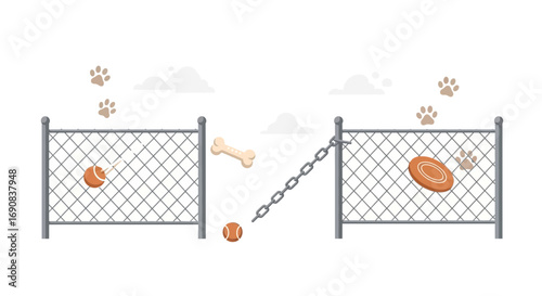 Whimsical dog park illustration featuring chain link fences toys and playful paw prints