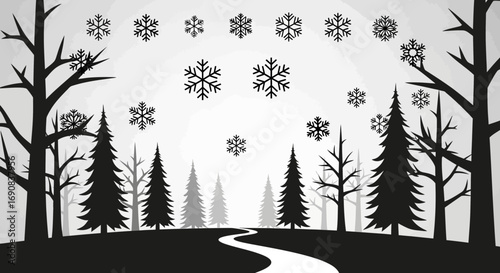 Winter Landscape with Snowflakes Falling on Trees in a Black and White Design