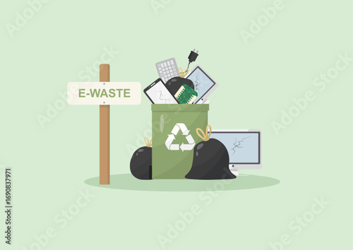 Electronic Waste Recycling Bin. Green recycling container filled with electronic waste including computers, phones, and devices. E-waste concept. Waste management. Flat style. Vector illustration