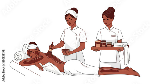 Two spa therapists in white uniforms attending to a client receiving a massage and facial treatment with various products