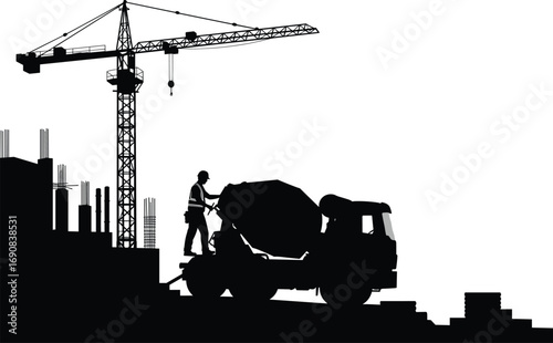 Silhouette construction site worker operating cement mixer truck with tower crane building structure civil engineering heavy equipment contractor industrial labor black vector illustration