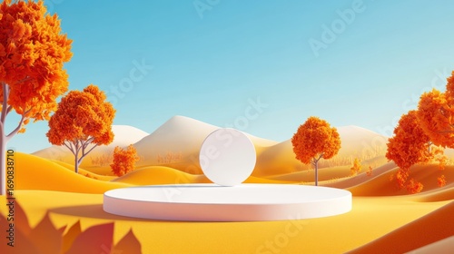 Autumnal landscape with white podium