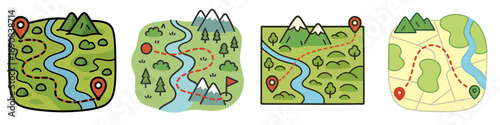 Set of four cartoon travel maps with location pins showing a route through mountains and forests for hiking or adventure