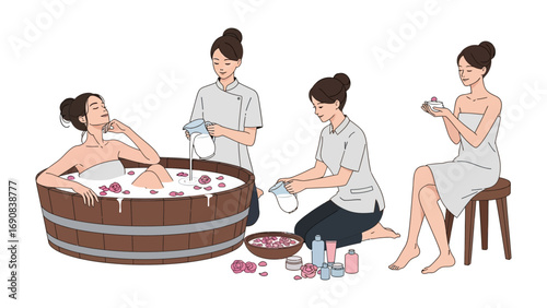 Relaxing spa scene with a woman enjoying a floral bath while attendants provide massage and foot treatment in a serene wellness environment
