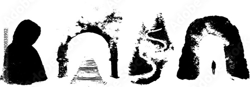 Grunge black and white set of labyrinths with arches for urban art design