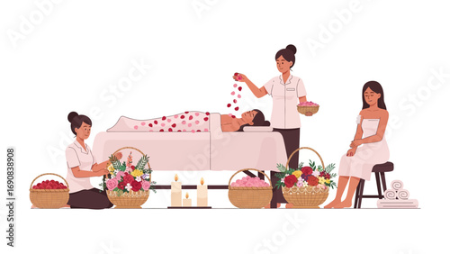 A serene spa scene with women enjoying treatments and fresh fruit promoting wellness and relaxation in a beautiful clean environment