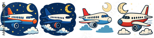 Photography Set of cartoon airplanes flying in the night sky with clouds, moon, and stars, i