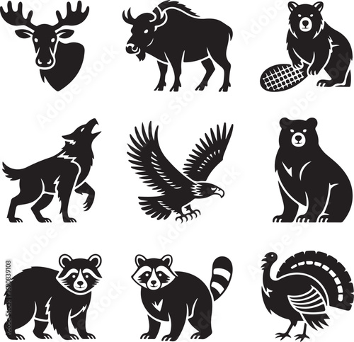 Collection of North American Wildlife Silhouettes on White Background moose bison
