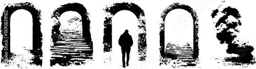 Black and white grunge set of labyrinth arches for urban design