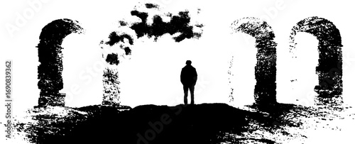 Monochrome grunge silhouette of solitary figure amidst ancient arches and ruins