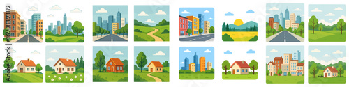 Urban and rural landscape collection with city buildings, country houses, green parks, and summer scenery