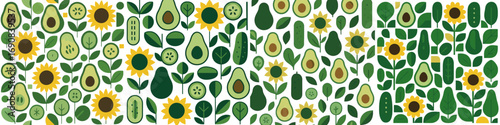 Geometric seamless pattern featuring stylized avocado, sunflower, and cucumber elements in a modern flat design on a white background
