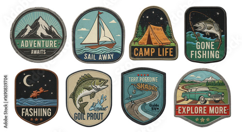 Set of adventure and outdoor themed vintage patches isolated on transparent background