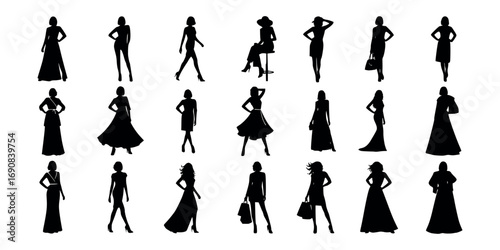 Vector art of collection of black female fashion silhouettes in various poses and outfits
