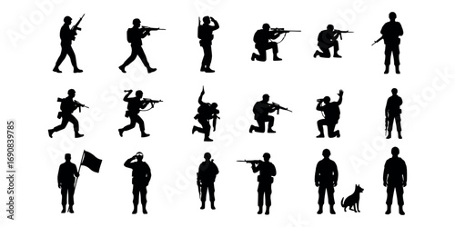 Vector art of collection of diverse soldier silhouettes in various action poses