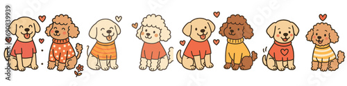 Adorable collection of kawaii puppies wearing colorful sweaters, featuring poodle and retriever dog breeds with hearts isolated on a white background