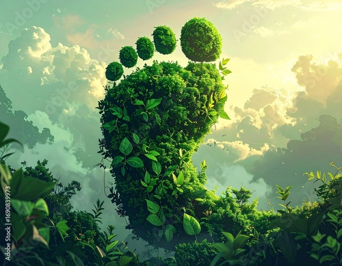 An eco-friendly footprint made of vibrant green leaves rising from a lush forest, symbolizing sustainability and environmental responsibility