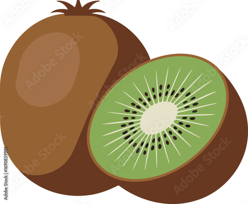 Delicious Kiwi Fruit Illustration Featuring a Whole Fruit and a Cut Half on Transparent Backdrop