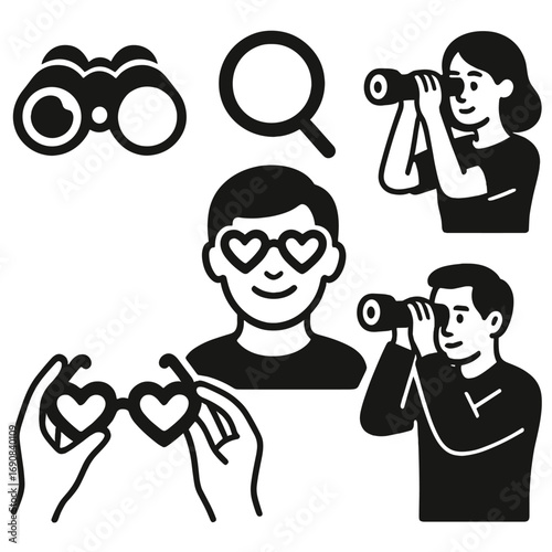 Set of black and white icons featuring people looking through binoculars and monoculars, a magnifying glass for searching, and heart-shaped glasses symbolizing love and finding a match