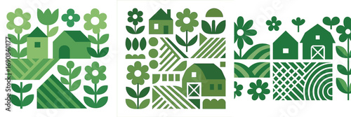 Collection of geometric farm landscapes with rural houses, agricultural barns, and blooming flowers in a green monochrome palette