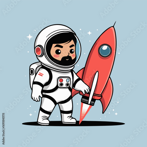 A whimsical illustration of a cute astronaut with sparkling eyes, sitting in a bright rocket, joyfully surrounded by floating stars and planets, as they prepare for an exciting journey to Mars.