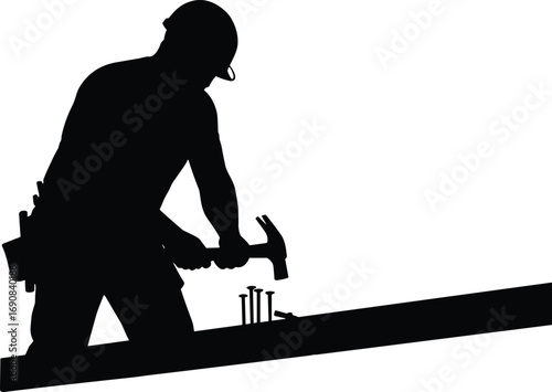 Silhouette construction worker hammer nails into wood carpenter man building site labor job working industrial tool black figure vector illustration